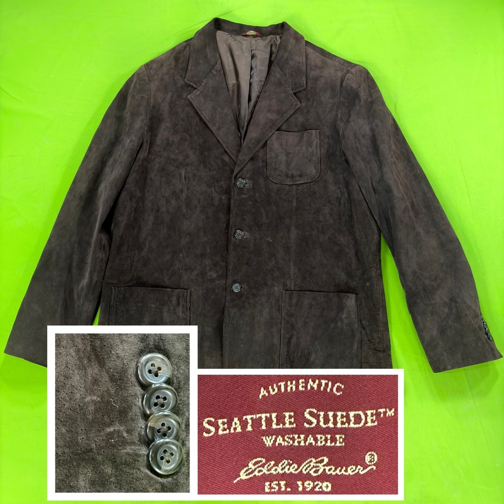 VTG Y2K Eddie Bauer Seattle Suede Mens 46R Brown Leather Blazer Jacket 2-Button